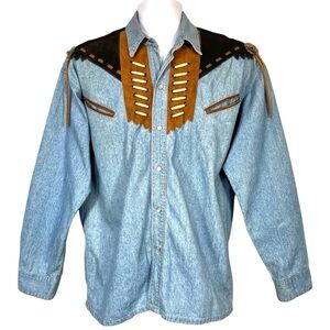 River Gold Vintage Western Denim Faux Leather L/S Pearl Snap Shirt Size Mens S